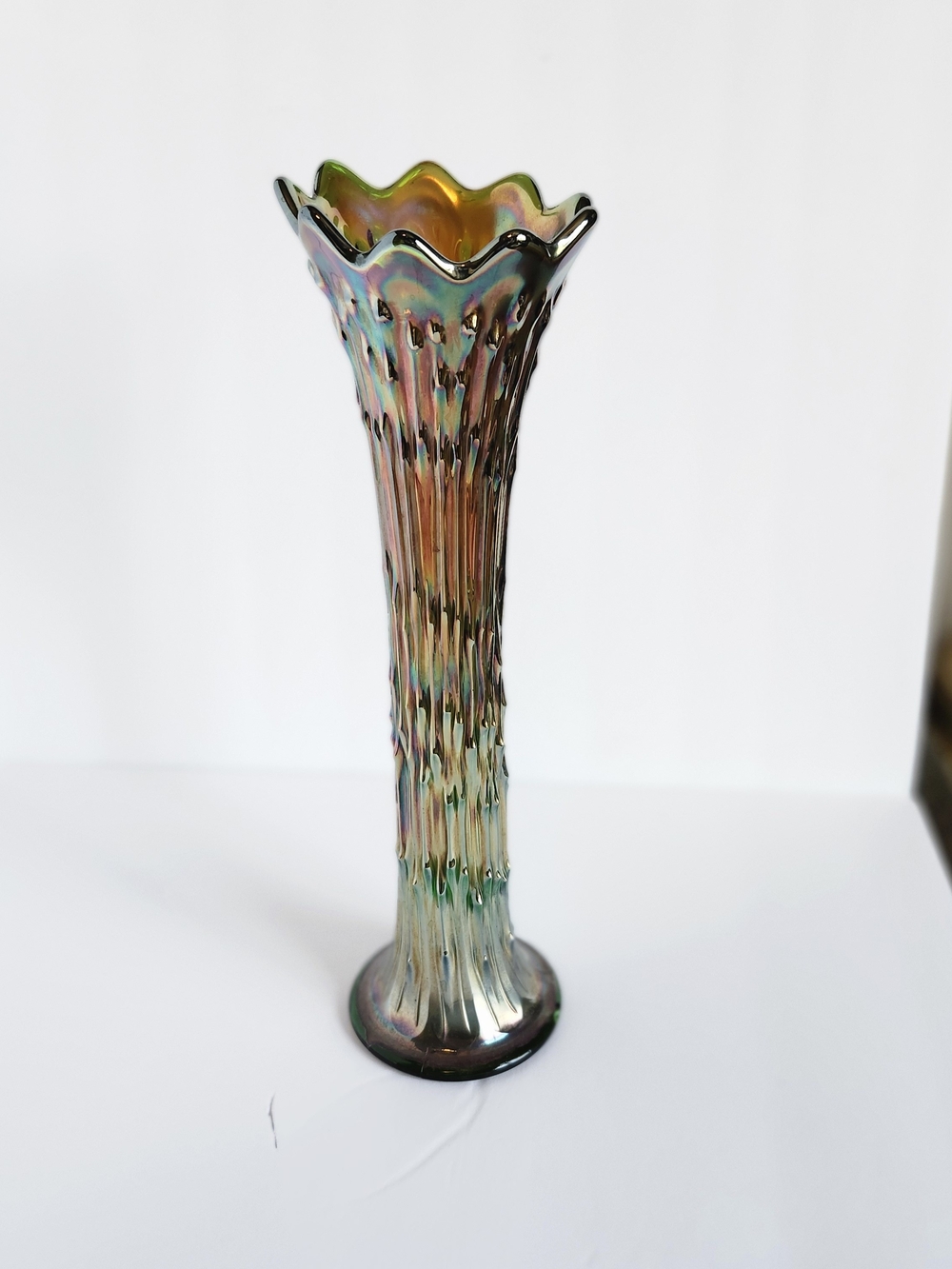 Antique Fenton April Showers Green Carnival Glass 12.5 Inches